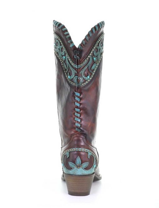 E1538 Corral Chocolate Turquoise Overlay/ Woven Crystals Boots-7491